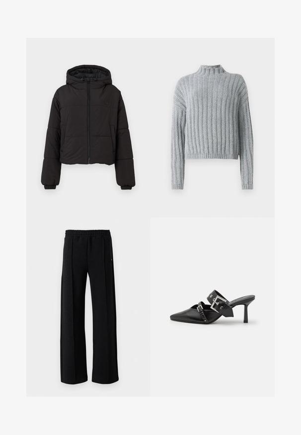 Sort cropped puffer-jakke med hætte, med en fuld lynlås foran, elastiske manchetter og et diskret logo på brystet.; Lys grå chunky strikket sweater med ribbet mønster, høj hals, lange ærmer og en lidt cropped pasform.; Hvid langærmet skjorte med knapper i en blød bomuldsblanding. Har en klassisk krave, frontlukning med knapper og rundede manchetter.; Sort lige ben bukser med elastisk talje og subtilt struktureret mønster i stoffet på en hvid baggrund.; Sorte højhælede mules med spids tå, lavet af glat læder. Har et bredt ankelrem med en firkantet sølv spænde og nitter.