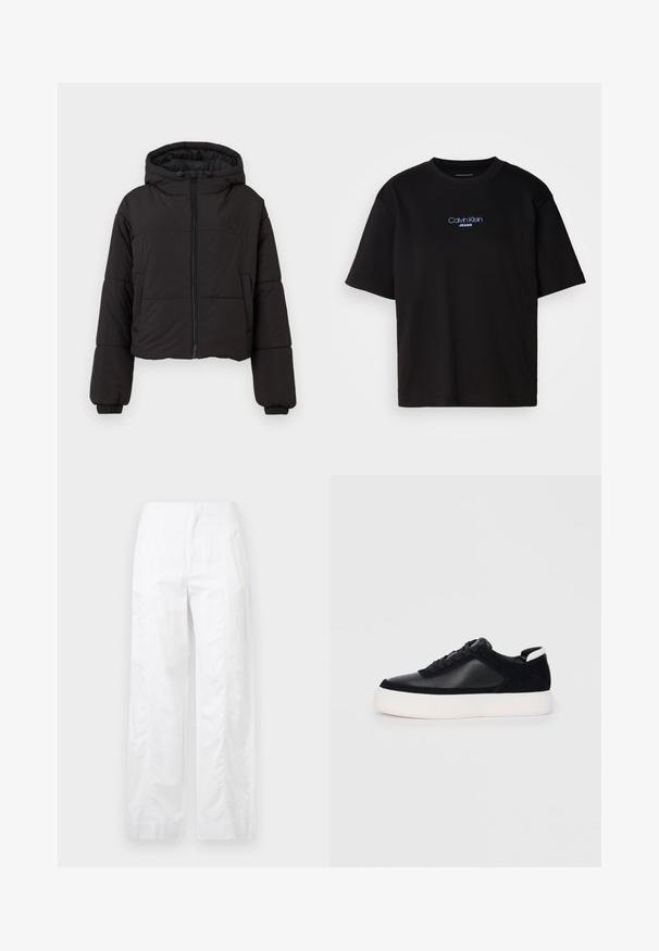 Must värviline lühike puffjakke kapuutsiga, milles on ees täispikk tõmblukk, elastsed mansetid ja diskreetne logo rinnal.; Mustmust särk ümmarguse kaelusega, lühikeste varrukatega ja sinise tikandiga "Calvin Klein JEANS" logo ees.; Valged laiad püksid, mis on valmistatud kergetest materjalidest, omades siledat tekstuuri, puhtaid jooni ja kõrget vöökohta.; Mustad mustad spordijalanõud siledast nahast ja sametist paneelidega, lame nööriga, ümar varvas ja valge kummist tallaga. Erakordne logo kontsas.