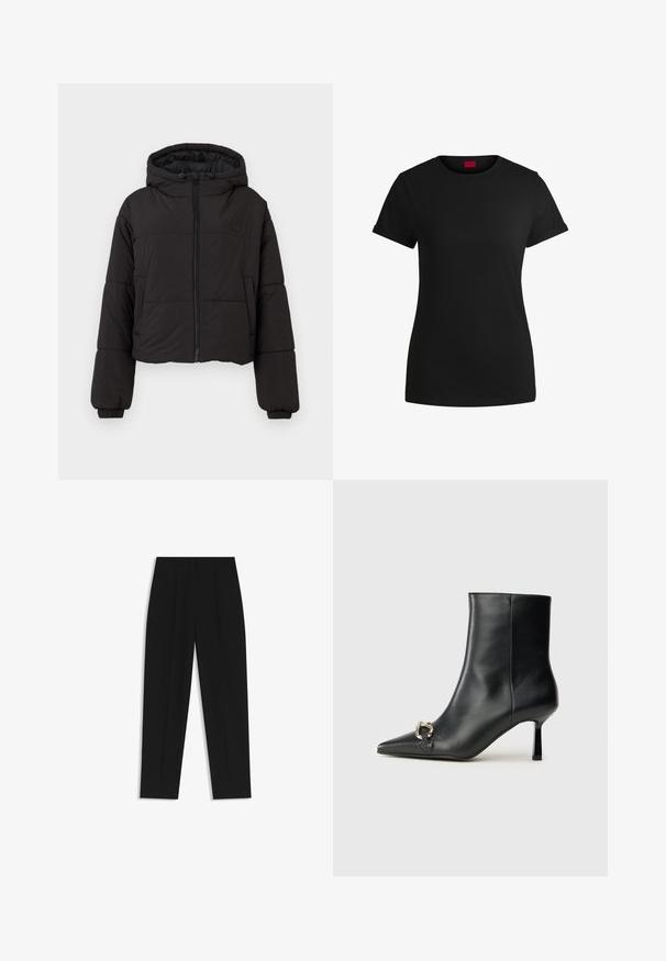 Black cropped puffer jacket with a hood, featuring a front full zipper, elasticized cuffs, and a discreet logo on the chest.; Black cotton t-shirt with short rolled sleeves, a round neckline, and a red label. Smooth texture, fitted shape with minimal detailing.; Black trousers with a straight fit, featuring double pleats, a smooth texture, and a classic waistband design. No visible hardware or accents.; Black leather ankle boot with pointed toe, slim mid-height heel, and silver buckle detail on side against plain background.