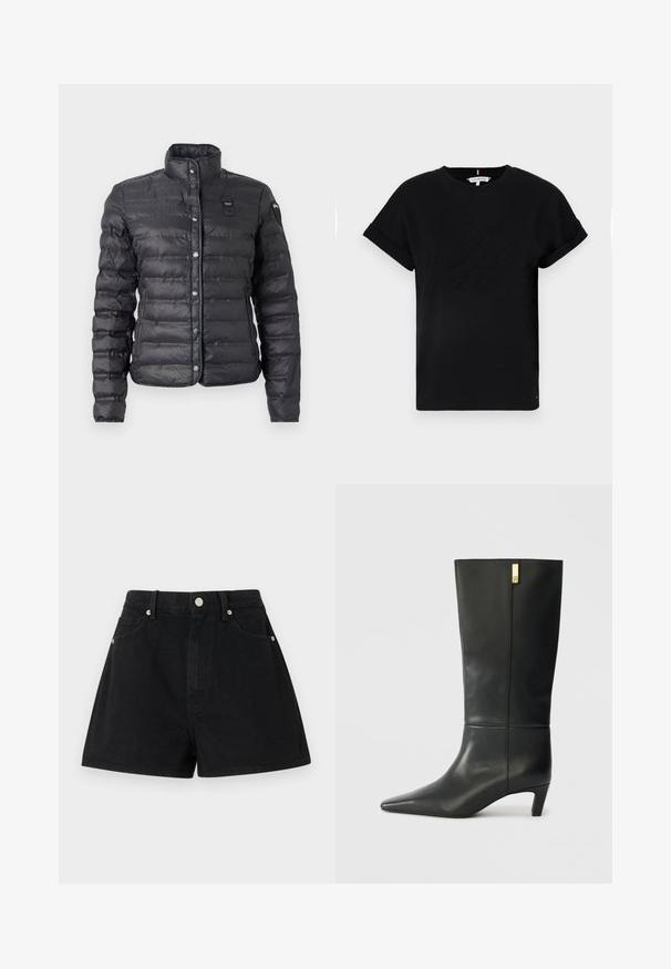 Mustapuffer-takki, jossa on pystytukka, nepparilukitus, tikkikuviointi ja logopläjäys vasemmassa rinnassa.; Mustapaita, jossa on lyhyet käärityt hihat, keskellä kohokuvioitu logo ja sivussa pieni lipputunnus.; Mustat farkkushortsit, joissa on korkea vyötärö, viisi taskua, hopeiset yksityiskohdat ja tavanomainen istuvuus. Shortsien pinta on sileä ja viimeistely on siisti.; Mustat nahkasaappaat polveen asti, joissa on terävä kärki ja pieni korko. Ominaisuuksina on tyylikäs muotoilu, jossa on kultainen yksityiskohta. Sileä pinta.