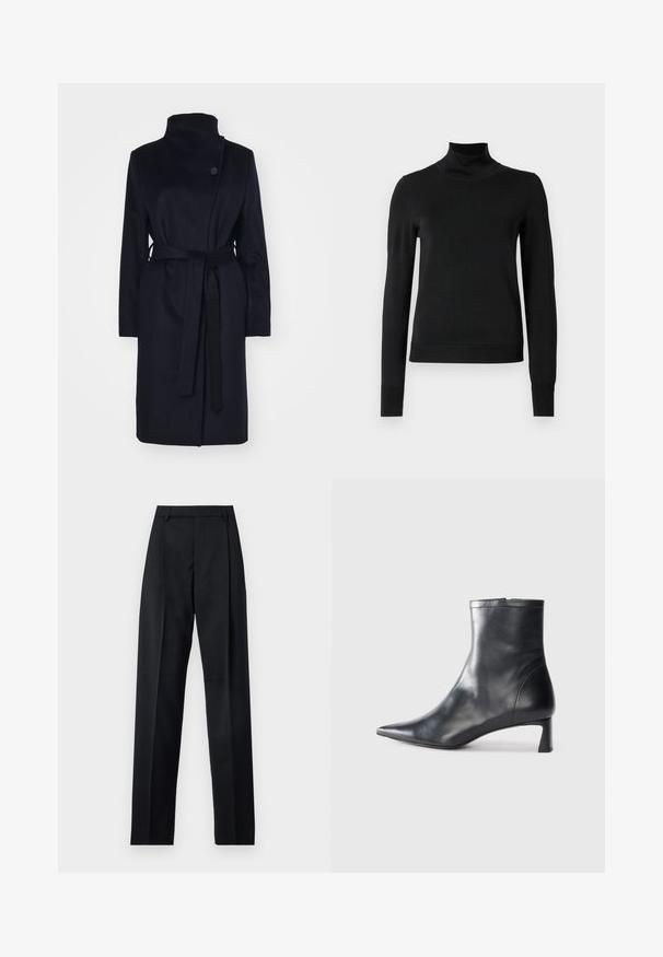 Tamsiai mėlynas vilnonis paltas su aukštu apykakle, ilgomis rankovėmis ir derančiu diržu. Yra vienas mygtukų užsegimas ir lygi tekstūra.; Juoda ilgomis rankovėmis turtleneko tipo megztinis su rebruotomis rankovėmis ir apačia, eksponuojamas ant paprasto balto fono.; Juodos kelnės iš lygaus audinio, pasižyminčios aukštu liemeniu, plačiomis kojomis, priekinėmis klostėmis ir klasikiais diržo kilpomis. Šoninių kišenių nematyti.; Juodas odinis kulkšninis batas su smailiu pirštu ir elegantišku dizainu. Turi žemą kulną ir užtrauktuką gale. Lygi tekstūra.