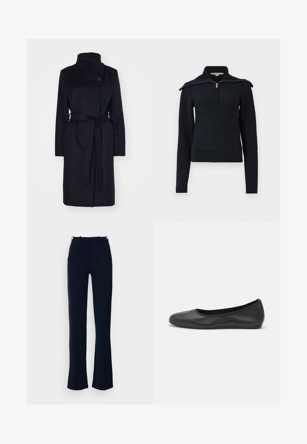 Cappotto in lana blu navy con colletto alto, maniche lunghe e cintura coordinata. Presenta una chiusura a un bottone e una texture liscia.; Maglione pullover blu navy con colletto a mezza zip, maniche lunghe e un design a maglia testurizzata. Presenta un aspetto pulito e minimalista.; Pantaloni blu navy con design a gamba dritta, realizzati in tessuto liscio, con passanti per cintura e chiusura con zip frontale.; Pantofole da balletto nere in pelle con punta arrotondata, texture liscia, dettagli di cucitura minimi e design con suola flessibile.