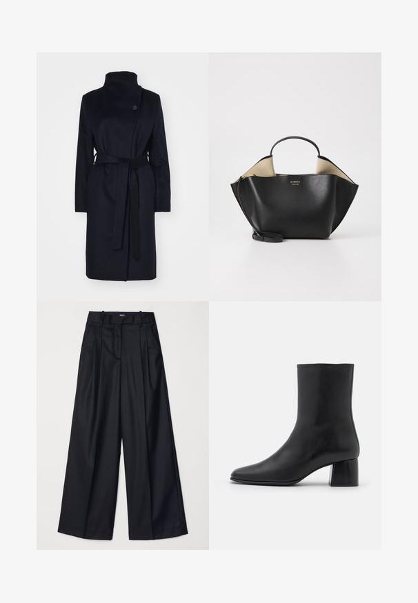 Marineblå uldfrakke med høj krave, lange ærmer og matchende bælte. Har en enkelt knaplukning og glat tekstur.; Sort langærmet bluse lavet af blødt stof, med rund halsudskæring og en afslappet pasform med sideslids i kanten for nem bevægelse.; Sorte breddebenede bukser lavet af glat stof, med høj talje, læg og skræddersyet design. Enkel sort hardware i talje.; Sorte læder ankelstøvler med spids tå og en kraftig firkantet hæl. Glat overflade med et sømløst design og minimalistisk syning.; Ree Projects ANN TOTE MINI - Håndtasker - black