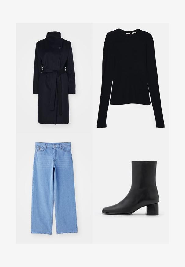 Abrigo de lana azul marino con cuello alto, mangas largas y un cinturón a juego. Presenta un cierre de botón único y una textura suave.; Camiseta negra de manga larga hecha de tela suave, con un escote redondo y un corte relajado, con aberturas en los laterales del dobladillo para facilitar el movimiento.; Jeans de pierna ancha de color azul claro, confeccionados en denim, con un diseño clásico de cinco bolsillos y cierre de botón. Textura suave, dobladillo deshilachado.; Botín negro de cuero hasta el tobillo con punta afilada y un tacón cuadrado y grueso. Textura suave con un diseño sin costuras y un estilo minimalista en las costuras.