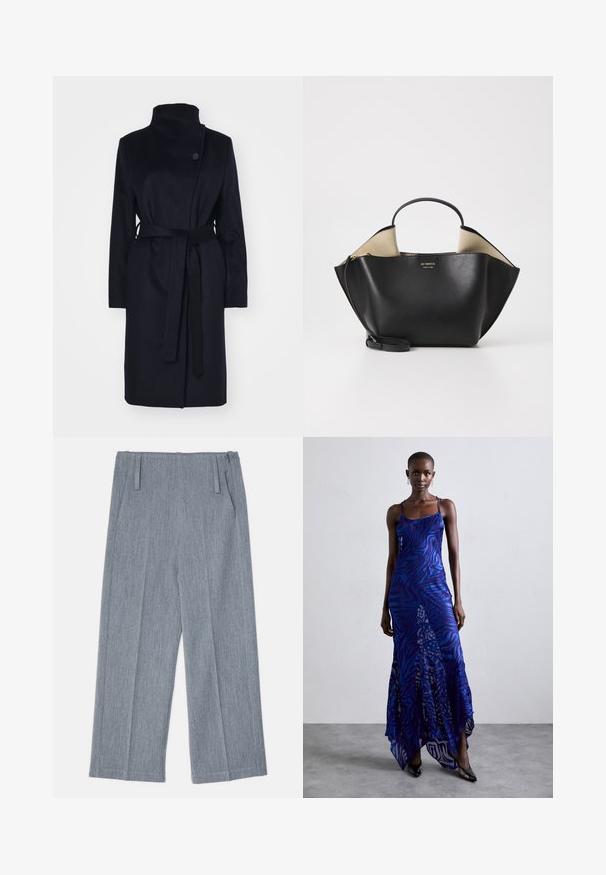 Mornarski kaput od vune s visokim ovratnikom, dugim rukavima i odgovarajućim remenom. Ima zatvaranje na jedan dugme i glatku teksturu.; Crna majica dugih rukava od mekog materijala, sa okruglim izrezom i ležernim krojem s bočnim prorezima na rubu za lakše kretanje.; Svijetlosive hlače širom nogavicom od teksturiranog materijala, s dva prednja nabora i dva bočna dzepa. Čist, krojeni dizajn.; Maksiduga haljina s uzorkom životinja u plavim i ljubičastim tonovima, s tankim naramenicama, uskim korzetom, lepršavim rubom i prozirnim detaljima na preklop.; Ree Projects ANN TOTE MINI - Ručna torba - black