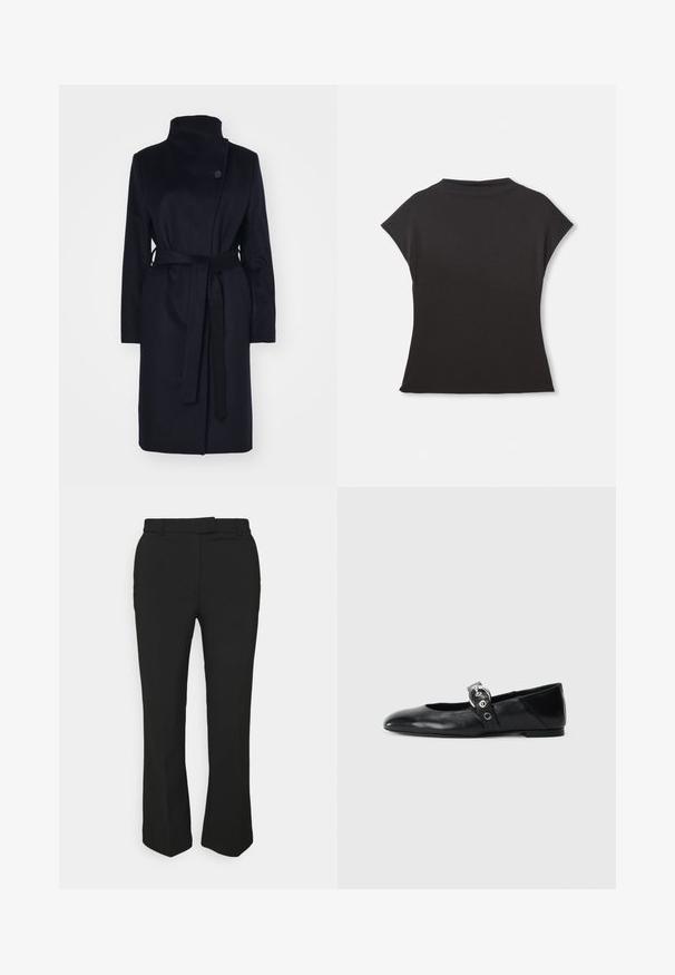 Jūras spēku krāsas vilnas mētelis ar augstu apkakli, garām piedurknēm un saskaņotu jostu. Ievērojama vienas pogas aizdare un gluda tekstūra.; Melna īsām piedurknēm augsta kakla blūze ar brīvu piegriezumu. Izgatavota no mīksta auduma ar gludu tekstūru. Nav redzamu rakstu vai grafikas.; Melnas pielāgotas bikses ar taisnu kāju dizainu, ar jostas cilpām un sānu kabatām. Izgatavotas no gludas auduma ar tīru apdari.; Melnas ādas baleta kurpes ar smailu purngalu, ar siksniņu ar apaļu metāla sprādzi un platu zoli.