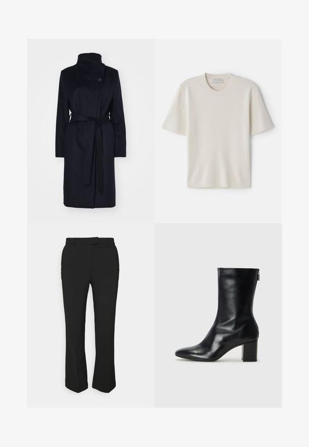 Navy wool coat with a high collar, long sleeves, and a matching belt. Features a single button closure and smooth texture.; Cream short-sleeve t-shirt with a round neckline, made from soft material, featuring a straight cut and minimal detailing.; Black tailored pants with a straight-leg design, featuring belt loops and side pockets. Made from smooth fabric with a clean finish.; Black leather ankle boot with a pointed toe and 4 cm block heel. Sleek design features a side zipper for easy wear. Smooth texture.