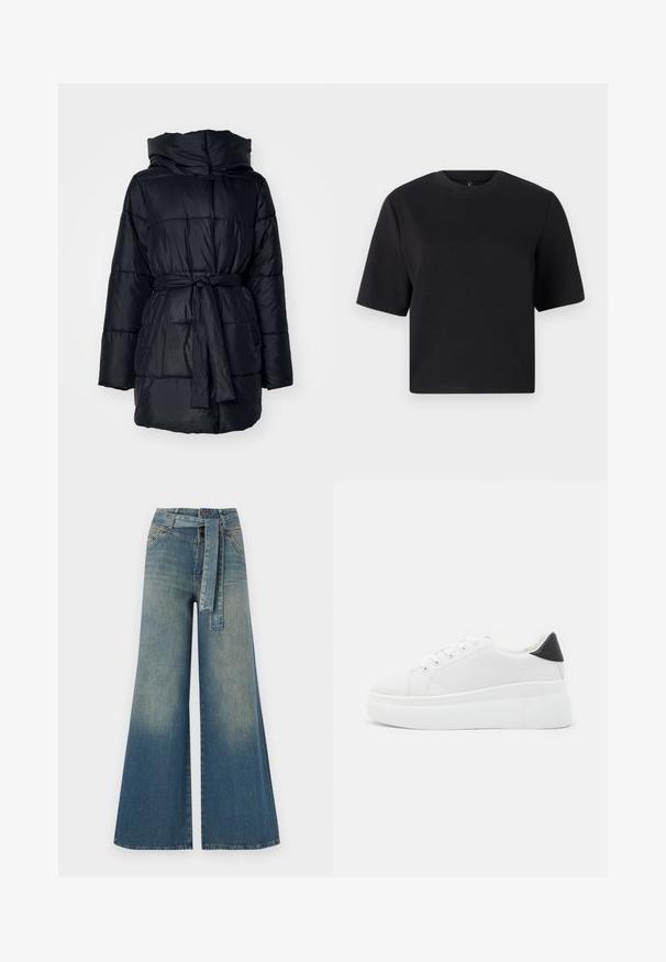 Melnā pūksteņu jaka ar augstu apkakli, gariem piedurknēm, jostu viduklī un quilted rakstu. Izgatavota no gludas, vieglas materiāla.; Melna īsām piedurknēm T-kreklā, ar apaļu izgriezumu, izgatavots no gludas kokvilnas auduma; brīva piegriešana, minimāls dizains, bez redzamām rakstu vai akcentu detaļām.; Platām kājām džinsu bikses ar gaismas līdz tumši zilam gradientam, augstu jostas līniju, jostas cilpām un atbilstošu auduma jostu. Tekstūrēts džinsas apdare.; Baltas platforma kedas, izgatavotas no gludas sintētiskas vielas, ar noapaļotu purngalu, saites dizainu un teksturētu gumijas zoli. Melna papēža akcenta detaļa.