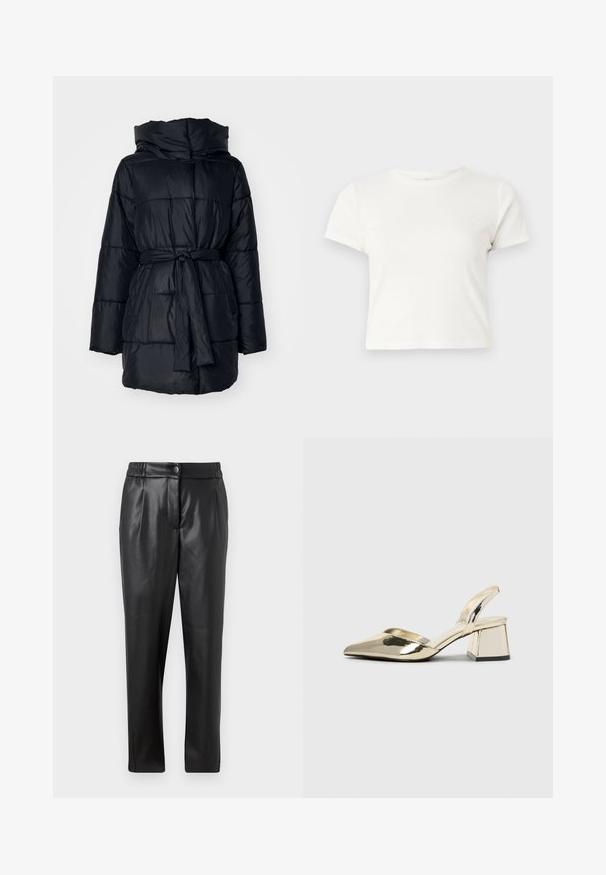 Mustaslame jope kõrge kaeluse, pikkade varrukate, vöökoha ja tõmblukuga. Valmistatud siledast, kergest materjalist.; Lühike valge T-särk, mis on valmistatud puuvillast, lühikeste varrukatega, ümmarguse kaelusega ja sirge lõikega, omades sileda tekstuuri ja minimaalset disaini.; Mustad nahkpüksid, millel on sile tekstuur, sirge lõige, elastne vöökoht ja esine nupuga sulgemine; volditud detailid ja kitsenevad sääred.; Kuldne, metallilised slingback-kudumid terava varba ja paksu kontsaga. Sile tekstuur, minimalistlik disain ja kitsas rihm.