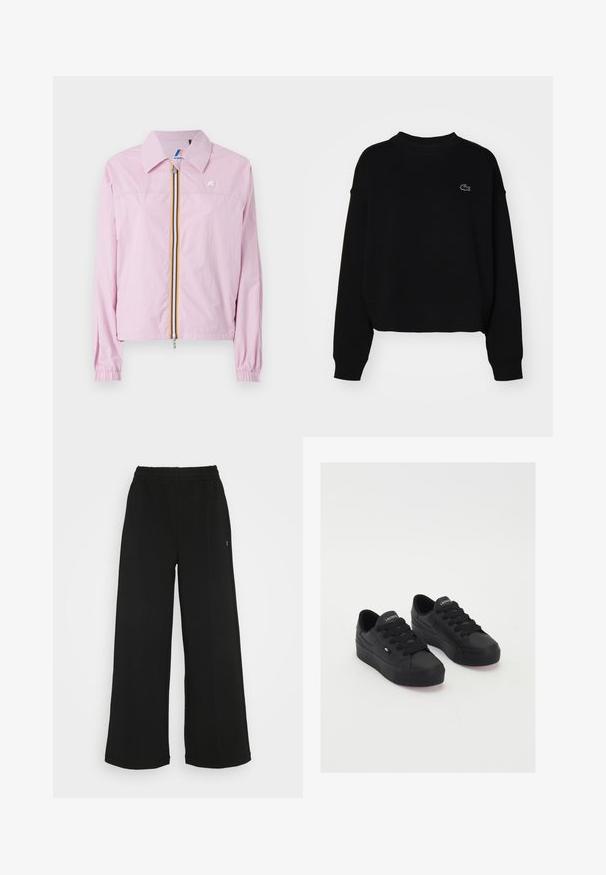 Giacca leggera rosa con colletto, zipper frontale caratterizzata da strisce gialle e blu, polsini elastici e un piccolo logo sul petto.; Felpa nera con colletto tondo, spalle cadenti e polsini a costine. Presenta un piccolo logo ricamato sul petto. Tessuto morbido.; Pantaloni neri a gamba larga con vita elasticizzata. Realizzati in un materiale morbido e leggero. Presentano cuciture verticali sul davanti.; Sneakers basse nere realizzate in materiale morbido, con lacci spessi, una suola testurizzata e un piccolo logo sul lato e sulla linguetta.