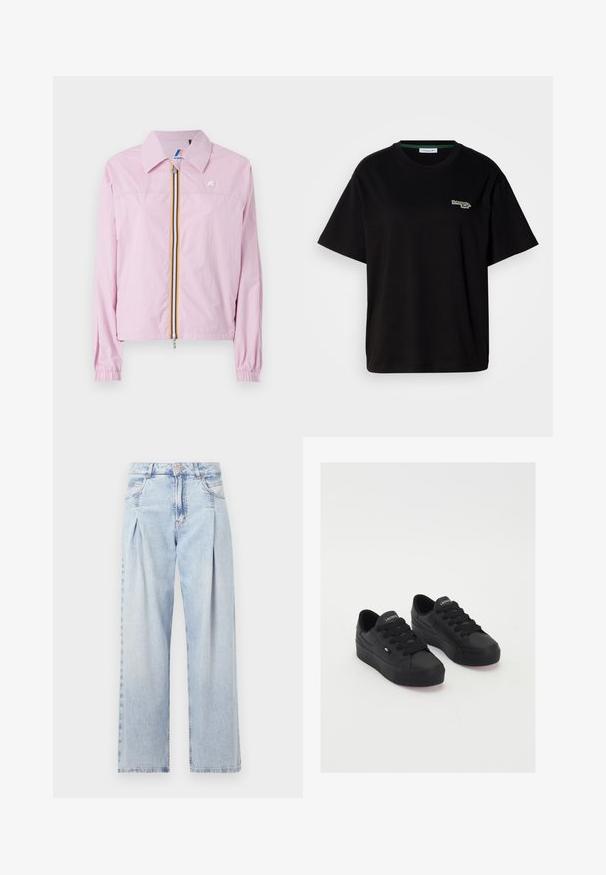 Vaaleanpunainen kevyt takki, jossa on kaulus, etuvetoketju, keltaisia ja sinisiä raitoja, joustavat hihansuut ja pieni logo rinnassa.; Musta puuvillapaita lyhyillä hihoilla, jossa on pieni vihreä logo vasemmassa rinnassa. Klassinen pyöreä kaula-aukko, rento malli.; Vaaleansiniset farkut, joissa on korkea vyötärö, leveälahkeinen leikkaus, kaksi sivutaskua ja pleatattu muotoilu. Pehmeä rakenne, jossa on haalistunut viimeistely.; Musta matalavartinen tennari, joka on valmistettu sileästä materiaalista. Kenkä on varustettu paksuilla nauhoilla, kuvioiduilla pohjilla sekä pienellä logolla sivussa ja kielen kohdalla.