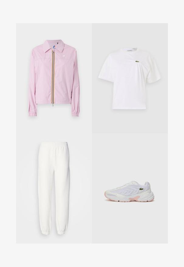 Let rosa let jakke med krave, frontlynlås med gule og blå striber, elastiske manchetter og et lille logo på brystet.; Hvid bomulds t-shirt med løs pasform, der har et lille grønt broderet logo på brystet. Korte ærmer og rund halsudskæring.; Hvide sweatpants lavet af blød, strikket stof. Elastisk talje og manchetter giver en afslappet pasform. Minimalistisk design, ingen synlige mønstre eller accenter.; Hvide sportsko med en tekstureret mesh-overdel, diskrete lyserøde detaljer på sålen og et grønt krokodillelogo på siden.