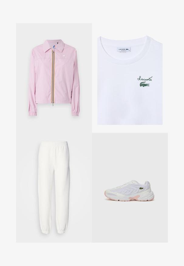 Chaqueta ligera rosa con cuello, cierre frontal y rayas amarillas y azules, puños elásticos y un pequeño logo en el pecho.; Camiseta de algodón blanca con un ajuste relajado; presenta el logo verde de "Lacoste" y un gráfico de cocodrilo en el área superior izquierda del pecho.; Pantalones de chándal blancos hechos de un suave tejido de punto. La cintura y los puños elásticos ofrecen un ajuste relajado. Diseño minimalista, sin patrones o acentos visibles.; Zapatillas deportivas blancas con parte superior de malla texturizada, sutiles acentos rosas en la suela y un logo de cocodrilo verde en el costado.