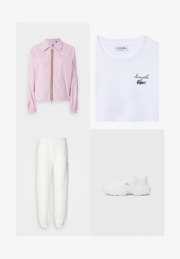 Różowa lekka kurtka z kołnierzem, z przodu na zamek błyskawiczny, z żółtymi i niebieskimi paskami, elastycznymi mankietami oraz małym logo na piersi.; Biała koszulka z bawełny o luźnym kroju; z zielonym logo "Lacoste" i grafiką krokodyla na lewej klatce piersiowej.; Białe dresy ze softshelowego materiału, z elastycznym pasem i mankietami, które zapewniają luźny krój. Minimalistyczny design, bez widocznych wzorów czy akcentów.; Białe sneakersy z fakturowaną cholewką, wyraźnym wzorem podeszwy, zapięciem na sznurówki i małym logo. Gładka i lekka konstrukcja.