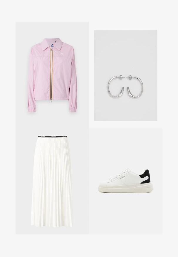 Roza lahka jakna z ovratnikom, sprednjim zadrgo, ki ima rumene in modre črte, elastičnimi manšetami in majhnim logotipom na prsih.; Bombažna majica s horizontalnimi mornarsko modrimi črtami na belem ozadju. "Tommy Hilfiger" izvezeno v kurzivni pisavi na prsih. Okrugli izrez.; Gubasta bela krila z črnim elastičnim pasom, ki nosi logotip "LACOSTE". Srednje dolga zasnova z mehkobo tkanine.; Bele usnjene športne copate z debelim belim podplatom, črnimi semišnimi detajli na peti in utisnjenim logotipom na strani. Zavezovanje s šestimi luknjicami.; Srebrne obročaste uhane z gladko, sijočo površino. Zaobljena oblika, lahka zasnova, z zapiranjem na zatič.