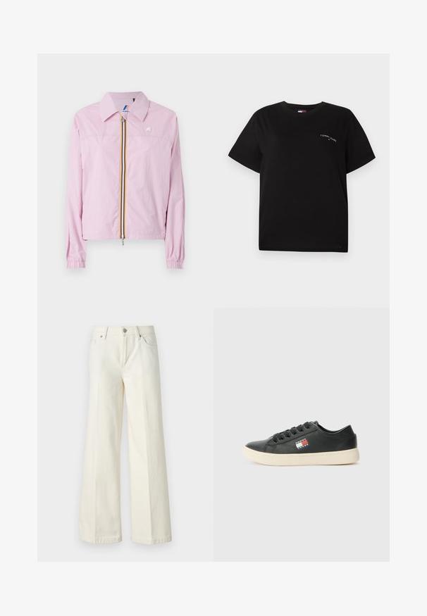Pink lightweight jacket with a collar, front zipper featuring yellow and blue stripes, elastic cuffs, and a small logo on the chest.; Black short-sleeve t-shirt made of cotton with a crew neck and a small white logo on the left chest area. Simple, relaxed fit design.; Wide-leg white jeans made from cotton blend fabric. Features a zipper fly, five-pocket design, and stitching along the seams.; Black leather sneakers feature a white rubber sole and side logo patch with red and blue accents. Classic lace-up design with rounded toe.