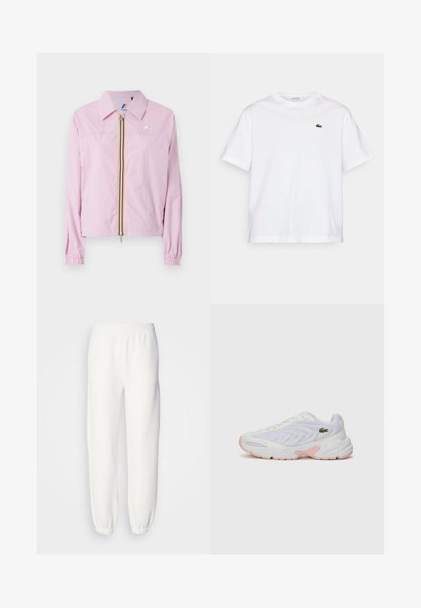 Ružová svetlá bunda s golierom, predným zipsom, ktorý je zdobený žltými a modrými pruhmi, elastickými manžetami a malým logom na hrudi.; Biela bavlnená tričko s okrúhlym výstrihom a krátkymi rukávmi. Obsahuje zelené vyšívané logo na hrudi. Mäkka textúra, voľný strih.; Biele tepláky vyrobené z mäkkej pletenej tkaniny. Elastický pás a manžety zabezpečujú uvoľnené nosenie. Minimalistický dizajn, bez viditeľných vzorov alebo akcentov.; Biele športové topánky s textúrovaným sieťovým zvrškom, jemné ružové akcenty na podrážke a zelené logo krokodíla po boku.