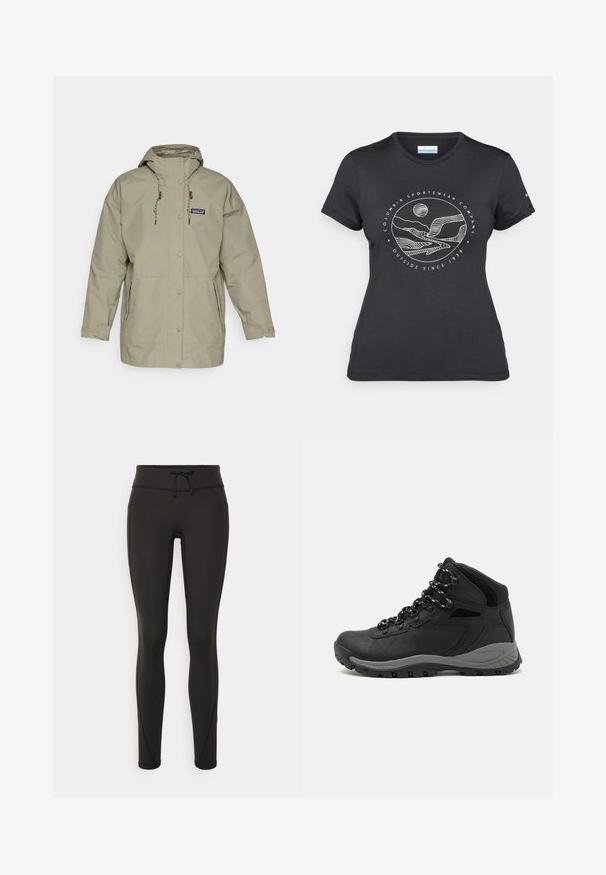 Gaiši pelēks ūdensizturīgs mētelis ar kapuci, pogām ar piespraužamu fiksāciju, regulējamiem aukliņām un divām sānu kabatām. Vienkāršs dizains ar brīvu piegriezumu.; Melnā Columbia T-kreklā ar baltu apļa kalnu un upes kontūru mākslu, kā arī tekstu "Columbia Sportswear Company Outside Since 1938."; Melnas legingi ar augstu jostasvietu, pievilkšanas auklu, gludu tekstūru un pieguļošu dizainu. Iekļautas šuvju detaļas gar sāniem.; Melni pārgājienu zābaki ar vidēju augstumu, ar teksturētu augšdaļu, pelēkiem akcentiem un izturīgu gumijas zoli ar saķeres izvirzījumiem.