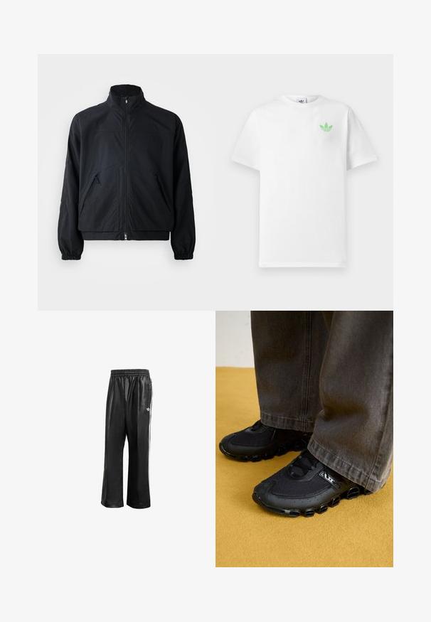 Black zip-up jacket with a high collar, featuring two front pockets and elastic cuffs, made from a lightweight, textured material.; White cotton t-shirt with short sleeves, featuring a small green Adidas logo on the left chest. Simple, classic design with a round neckline.; Black synthetic track pants with an elastic waistband, featuring white side stripes and a small white logo on the left hip.; Black athletic shoes with a mesh upper, curved sole, and distinctive rounded accents. Paired with dark, loose-fitting pants.