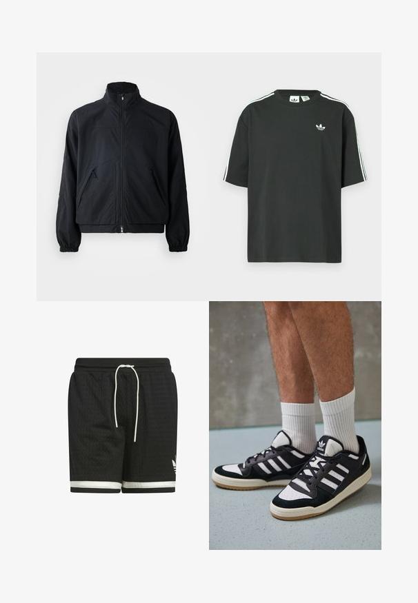 Crna jakna s patentnim zatvaračem i visokim ovratnikom, koja ima dva prednja džepa i elastične manžete, napravljena od laganog, teksturiranog materijala.; Crna pamučna majica kratkih rukava, s okruglim izrezom i bijelim detaljima u obliku triju pruga na ramenima. Na prsima se nalazi mali bijeli logotip.; Crne sportske kratke hlače napravljene od teksturirane mrežaste tkanine. Imaju bijelu uže za vezanje i bijelu prugu duž ruba. Adidas logo u bijeloj boji.; Crne i bijele tenisice s gornjim dijelom od antilopa i kože, s tri bijele pruge, perforiranim prstom i gumiranim potplatom.