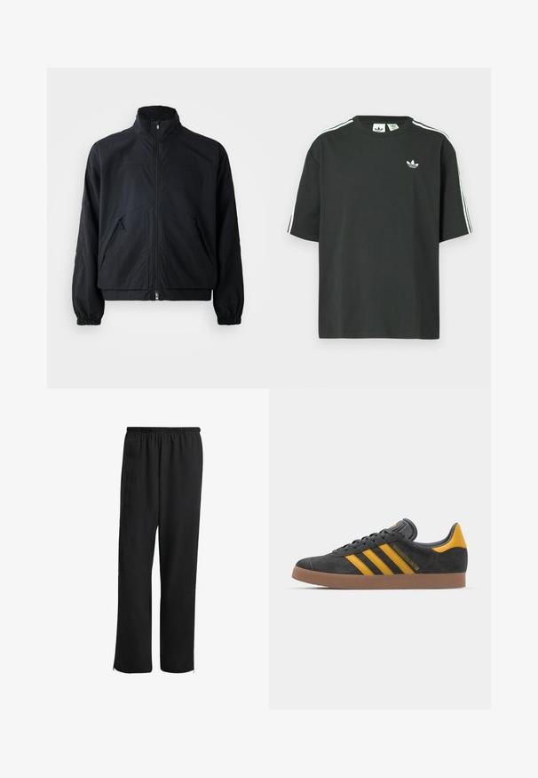 Černá zipová bunda s vysokým límcem, dvoma předními kapsami a elastickými manžetami, vyrobená z lehkého strukturovaného materiálu.; Černé bavlněné tričko s krátkými rukávy, kulatým výstřihem a bílými třemi pruhy na ramenou. Na hrudi je malá bílá logo.; Černé sportovní kalhoty s elastickým pasem, rovnými nohavicemi, bočními kapsami a zipovými manžetami, vyrobené z hladké, lehké látky.; Černé semišové tenisky se žlutými akcenty, vybavené třemi pruhy a hnědou gumovou podrážkou. Obsahují polstrovaný jazyk pro pohodlí.