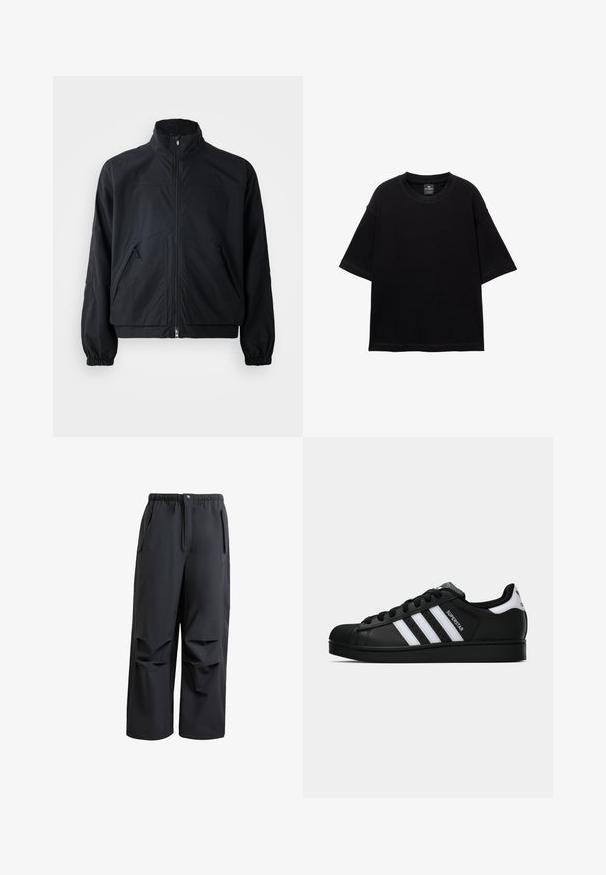 Crna jakna s patentnim zatvaračem i visokim ovratnikom, koja ima dva prednja džepa i elastične manžete, napravljena od laganog, teksturiranog materijala.; Crna kratka majica s kratkim rukavima od pamuka, s okruglim izrezom i ležernim krojem. Glatka tekstura s minimalnim detaljima šivanja.; Crne, slobodne hlače napravljene od mekanog materijala. Imaju elastičnu struk i zatvaranje na dugme, te dvije bočne džepove s plisiranim detaljima.; Crne Adidas Superstar tenisice s bijelim prugama, konusom na vrhu i natpisom "Superstar" sa strane, prikazane u bočnom profilu na bijeloj pozadini.