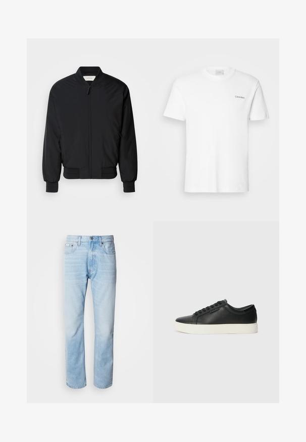 Schwarze Bomberjacke aus glattem Stoff, mit einem Frontreißverschluss, gerippten Bündchen und einem klassischen Kragen. Minimalistisches Design ohne Muster.; Weißes Baumwoll-T-Shirt mit kurzen Ärmeln und Rundhalsausschnitt. Mit einem kleinen schwarzen "Calvin Klein"-Logo auf der linken Brust.; Hellblaue Jeans aus Denim mit geradem Schnitt, die verblasste Abschnitte, ein Fünf-Taschen-Design und einen klassischen Knopfverschluss aufweisen.; Schwarze Leder-Sneaker mit perforierter Textur, runder Zehenpartie und flacher, weißer Gummisohle. Mit schwarzen Schnürsenkeln und einem dezenten Logo an der Seite.