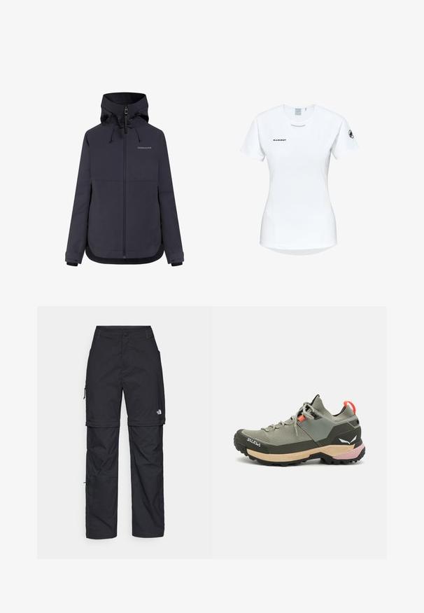 Ciemnogranatowa kurtka z zamkiem z przodu, regulowanym kapturem i elastycznymi mankietami. Wykonana z gładkiego, wodoodpornego materiału, z minimalnym logo.; Koszulka sportowa z krótkim rękawem w kolorze białym, z okrągłym dekoltem, z logo na piersi i gładką, lekką teksturą materiału.; Czarne nylonowe spodnie cargo z odpinanymi nogawkami, regulowanymi mankietami, wieloma kieszeniami oraz logo na prawej nogawce. Gładka, lekka tekstura.; Lekkie zielone buty trekkingowe z siateczkowymi i gumowymi materiałami, czarną podeszwą zapewniającą przyczepność, różowymi i pomarańczowymi akcentami oraz wzmocnionym czubkiem.