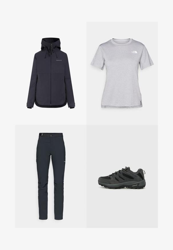 Tmavě námořnická bunda se zipem vpředu, nastavitelnou kapucí a elastickými manžetami. Vyrobená z hladké, voděodolné látky, s minimálním značkováním.; Šedé tričko s krátkým rukávem vyrobené z měkké, vlhkosti odvádějící tkaniny. Obsahuje kulatý výstřih a malé bílé logo na levém horním rukávu.; Pánské outdoorové kalhoty, tmavě šedé, vyrobené z flexibilního materiálu, s pásem, zipovými kapsami a vyztuženým švem.; Columbia REDMOND - Trekingové boty - black/citron haze