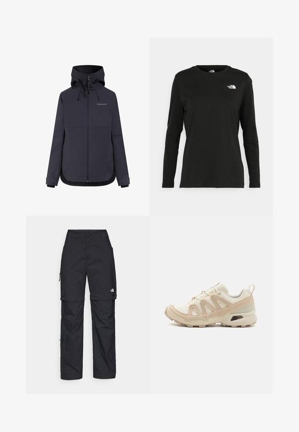 Dark navy jacket with a zip front, adjustable hood, and elastic cuffs. Made from a smooth, water-resistant fabric, features minimal branding.; Black long-sleeve t-shirt made of cotton with a round neck. Features a small white logo on the left chest area. Simple design and fit.; Black nylon zip-off cargo trousers with adjustable cuffs, multiple pockets, and a logo on the right leg. Smooth, lightweight texture.; Beige and cream athletic shoe with textured mesh upper, supportive overlays, and rubber outsole featuring a tread pattern for traction.