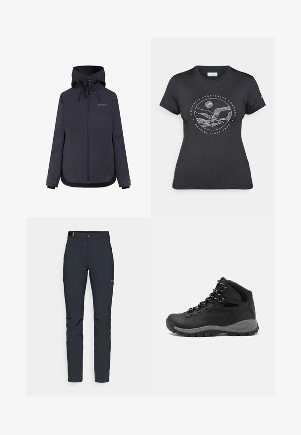 Mörk marinblå jacka med dragkedja framtill, justerbar huva och elastiska muddar. Tillverkad av ett slätt, vattenavvisande tyg med minimal märkning.; Svart Columbia-t-shirt med vit cirkulär linjekonst av berg och flod samt texten "Columbia Sportswear Company Outside Since 1938."; Herrernas utomhusbyxor, mörkgrå, tillverkade av flexibelt material, med ett bälte, zip-fickor och förstärkt sömnad.; Svart vandringskänga med mellanhög design, som har en texturerad överdel, grå accenter och en slitstark gummisula med greppklackar.