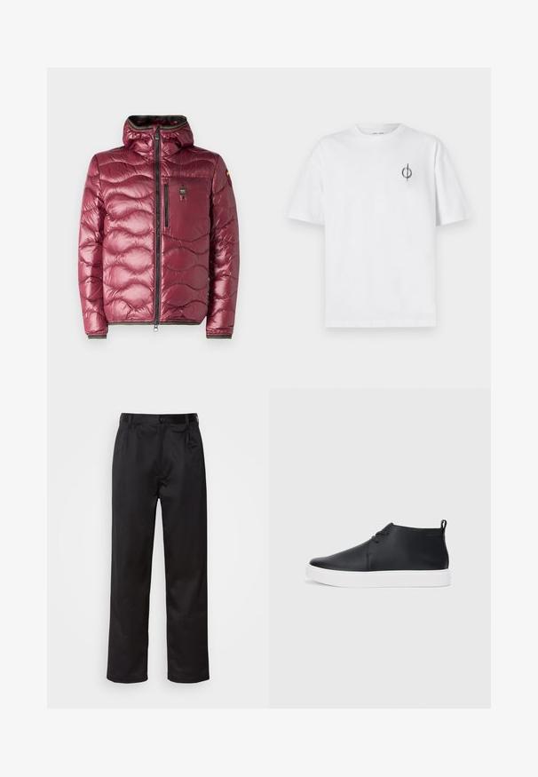 Blauer WAVE - Piumino - red; T-shirt in cotone bianco con vestibilità rilassata, presenta un piccolo logo grafico nero nella zona sinistra del petto. Maniche corte, collo a giro.; Pantaloni neri realizzati in tessuto morbido, con chiusura frontale a bottone, pieghe e gambe dritte. Nessun motivo o accento visibile.; Sneakers alte in pelle nera con finitura liscia, suola in gomma bianca e un design semplice con lacci. Presentano un occhiello sul retro.