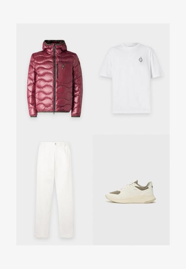 Blauer WAVE - Piumino - red; T-shirt in cotone bianco con vestibilità rilassata, presenta un piccolo logo grafico nero nella zona sinistra del petto. Maniche corte, collo a giro.; Pantaloni bianchi realizzati in tessuto liscio, con un design a gamba dritta, pieghe frontali e una chiusura a bottone singolo in vita.; Sneaker atletica bianca e beige chiaro, con tomaia in mesh, dettagli perforati e una suola intermedia texturizzata con marchio sul tallone.