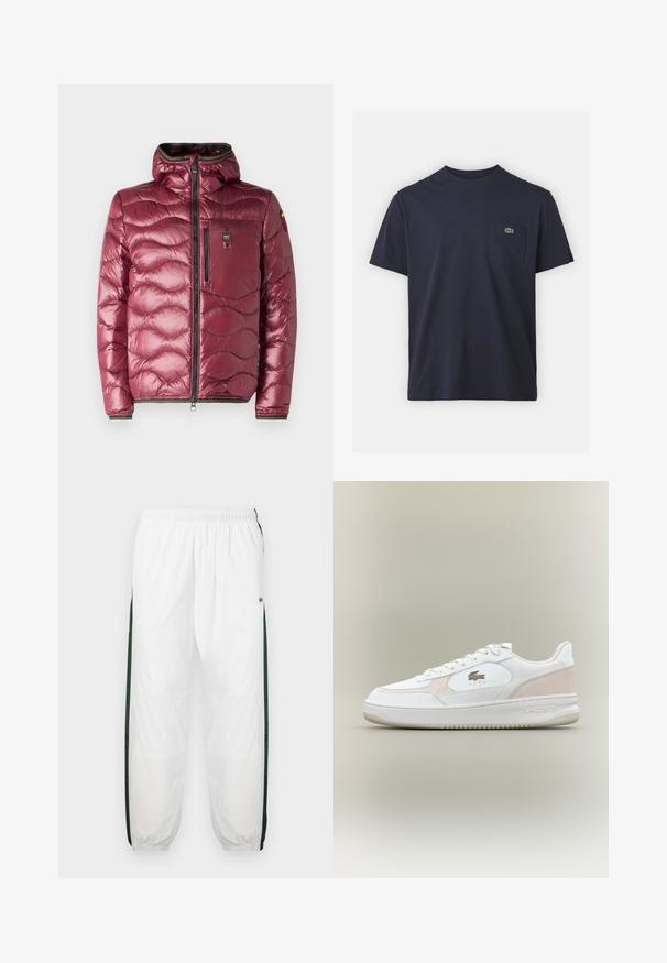 Blauer WAVE - Daunenjacke - red; Marineblaue Baumwoll-T-Shirt mit rundem Halsausschnitt und kurzen Ärmeln. Verfügt über ein kleines grünes Logo auf der linken Brusttasche. Weiches Material.; Weiße Trainingshose mit dunkelgrünen Seiteneinsätzen. Leichtes Material, elastischer Bund und gerippte Säume. Mit Netzstruktur an den Seiteneinsätzen.; Weiße Sneaker mit glattem Lederobermaterial, Wildlederakzenten und Gummisohle. Verfügt über ein geprägtes Logo und ein Schnürdesign. Minimalistische Ästhetik.