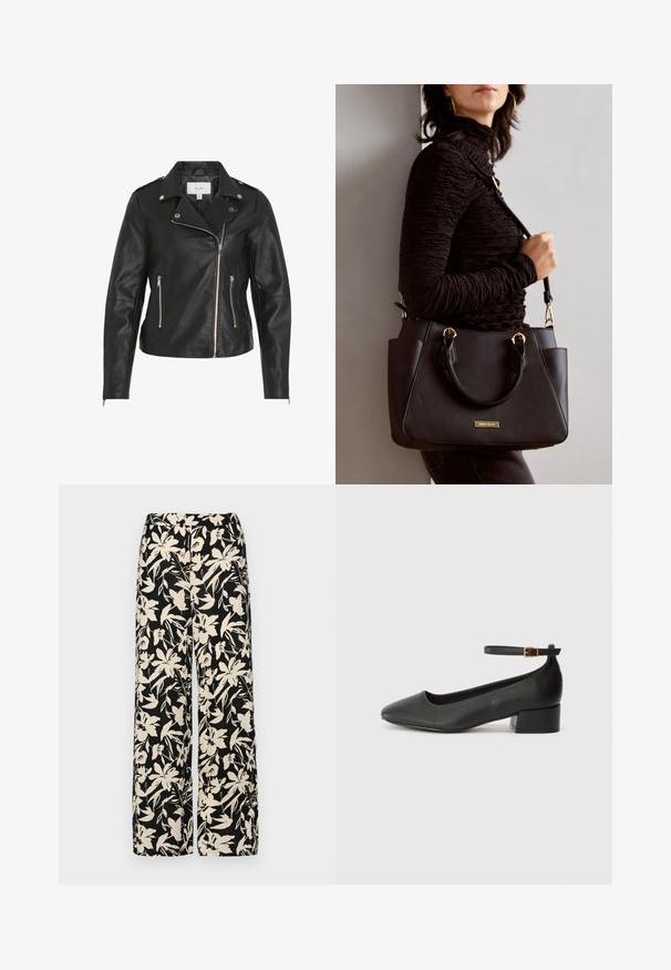 Jaqueta de motocicleta em couro preto com fecho assimétrico, hardware prateado, dois bolsos com fecho e costuras estruturadas.; Top preto de mangas longas com textura canelada, decote redondo e silhueta ajustada. O tecido tem uma textura suave e um aspecto elástico.; Calças largas pretas com um padrão floral creme. Feitas de um tecido leve, apresentando uma textura suave e uma cintura alta.; Sandal de pele preta com bico pontiagudo e um salto bloco baixo. Apresenta uma tira no tornozelo com uma fivela em tom dourado. Textura suave.; Bolsa preta com superfície texturizada, alças superiores duplas e alça de ombro ajustável. Apresenta ferragens em tom dourado e bolsos laterais.