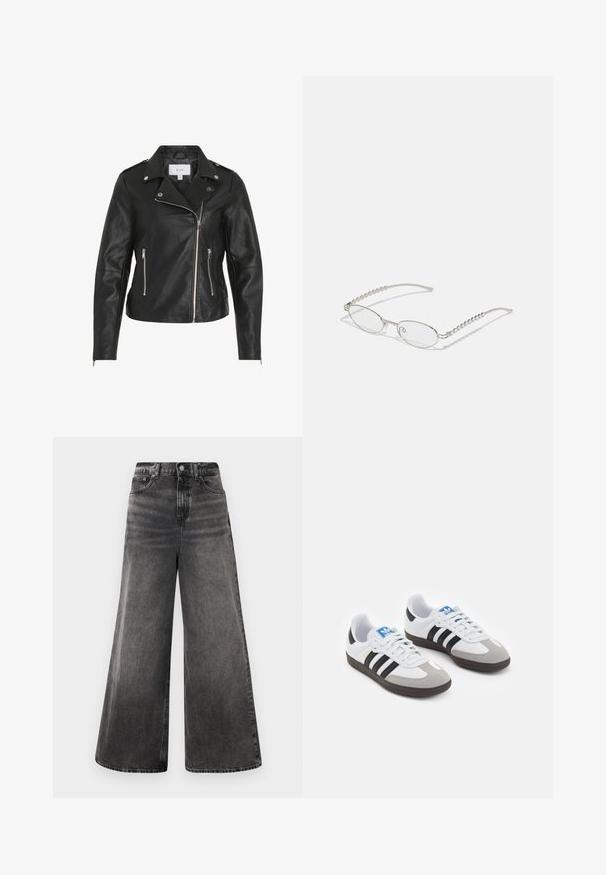 Črna usnjena motoristična jakna z asimetričnim zadrgo, srebrnimi okovji, dvema žepoma z zadrgo in strukturiranimi šivi.; Svetlo siva majica s dugim rukavima izrađena od mekog pamuka. Ima slobodan kroj, okrugli izrez i blago nabrane manžetne. Bez uzoraka ili grafike.; Široke črne jeans hlače z izbrisanimi detajli, petimi žepi in gumbom na pasu, z zaključenimi šivi.; Športni čevlji z belim usnjenim zgornjim delom, sivim semišem na prstih in tremi črnimi črtami. Imajo modro logo na jeziku in teksturiran gumijast podplat.; Ovalna očala s kovinsko srebrnim okvirjem, prozornimi lečami in teksturiranimi perlastimi detajli na stenah. Lahka zasnova z ukrivljenimi ročaji.