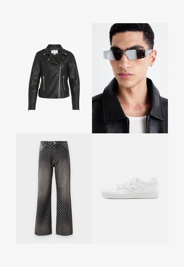 Črna usnjena motoristična jakna z asimetričnim zadrgo, srebrnimi okovji, dvema žepoma z zadrgo in strukturiranimi šivi.; Črna kratkodlaka majica iz bombaža. Ima klasičen okrogel izrez in sproščen kroj brez vidnih vzorcev ali dodatkov.; Črni široki kavbojke z visokim pasom in celopovršinskim karirastim vzorcem, ki vsebuje subtilen ponavljajoč se dizajn črk.; Bela teniska iz gladke usnjene obdelave, z perforiranim prstnim delom, teksturiranim gumijastim podplatom, ravnimi vezalkami in opaznim logotipom 'N' na strani.; Angularne sončne očala s sivim tonom in srebrnim okovjem, postavljena na svetli podlagi. Leče imajo edinstveno geometrijsko obliko.