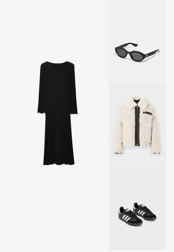 Krēmuskrāsas šerpa jaka ar melnu rāvējslēdzēju, neliela rāvējslēdzēja krūšu kabata labajā pusē, garām piedurknēm un nolocītu apkakli.; Melna ribota kleita ar garām piedurknēm, pieguļoša korpusa daļa, paplatināts apakšmalas gals un viļņoti piedurkņu gali. Ar apaļu kakla izgriezumu un gludu tekstūru.; Melnas sporta apavas ar zamšādas un sintētisku augšdaļu, ar trim baltām svītrām, teksturētu gumijas zoli un zilu logo birku uz mēles.; Melnas ovālās saulesbrilles ar tumšiem stikliem un spīdīgu plastmasas rāmi. Iezīmētas ar zelta logo uz tempļa, nodrošinot elegantu un modernu dizainu.