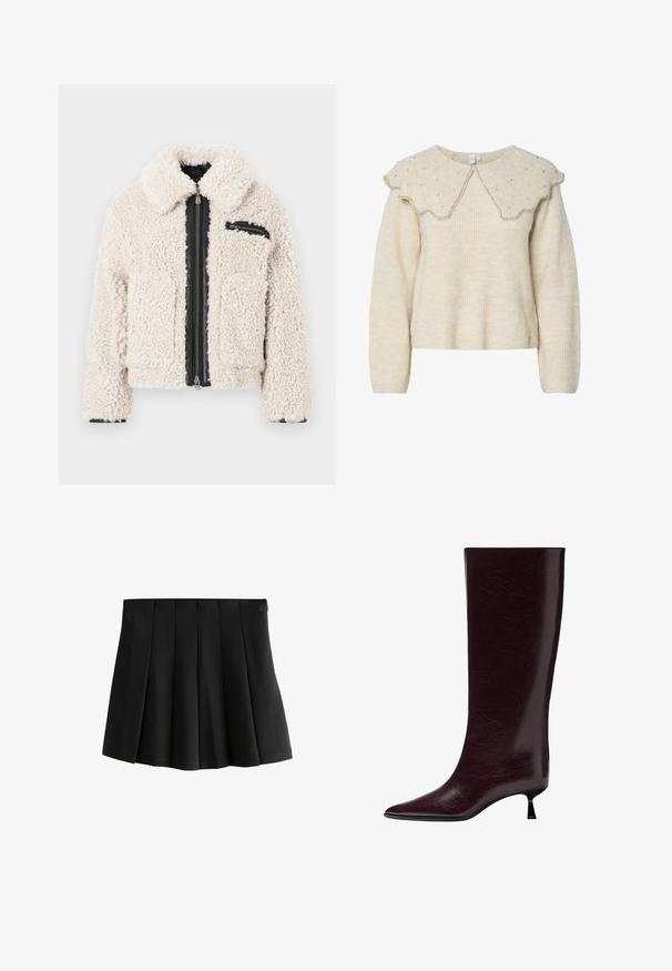 Cream-colored sherpa jacket with black zipper closure and a small zipped chest pocket on the right side, long sleeves, and a folded collar.; Cream-colored sweater with a scalloped collar and silver bead accents. Made from textured, soft fabric. Features long sleeves and a relaxed fit.; Black pleated mini skirt with a smooth waistband and structured inverted box pleats, isolated on white background.; Knee-high burgundy leather boot with a sleek, textured finish, pointed toe, and a thin, stacked heel for added elevation.