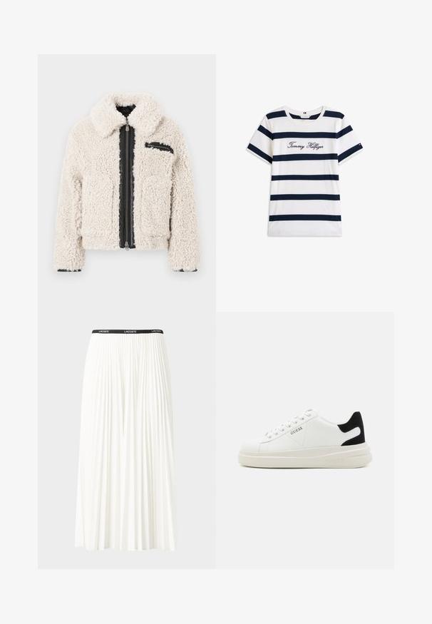 Cremefarbene Sherpa-Jacke mit schwarzem Reißverschluss und einer kleinen, mit Reißverschluss versehenen Brusttasche auf der rechten Seite, langen Ärmeln und umgeschlagenem Kragen.; Baumwoll-T-Shirt mit horizontalen navy-blauen Streifen auf weißem Hintergrund. "Tommy Hilfiger" in Kursivschrift auf der Brust gestickt. Runder Halsausschnitt.; Faltenrock aus Weiß mit einem schwarzen elastischen Bund, der das "LACOSTE"-Logo trägt. Mittellanges Design mit weicher Textur.; Weiße Leder-Sneaker mit einer dicken weißen Sohle, schwarzem Wildlederakzent an der Ferse und geprägtem Logo an der Seite. Schnürdesign mit sechs Ösen.