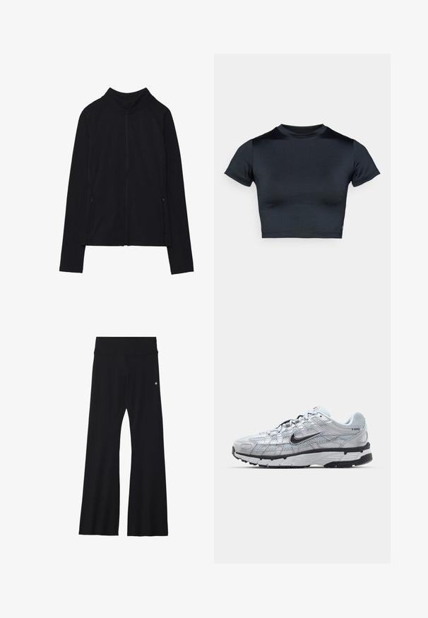 Sort zip-up jakke med høj krave, lavet af blødt stof. Den har raglanærmer og to lynlåslommer på siden. Glat tekstur.; Kortærmet cropped top i mørk navy, lavet af glat, stretchstof. Har rund halsudskæring og minimale syningsdetaljer. Ingen synlige logoer.; Sorte flared yoga bukser i strækbart stof, med en bred talje og et lille logo nær hoften. Glat tekstur, uden mønstre.; Nike P-6000 sneakers med en lys grå mesh overdel, sorte accenter og en holdbar sort gummisål. Har et detaljeret design og snøresystem.
