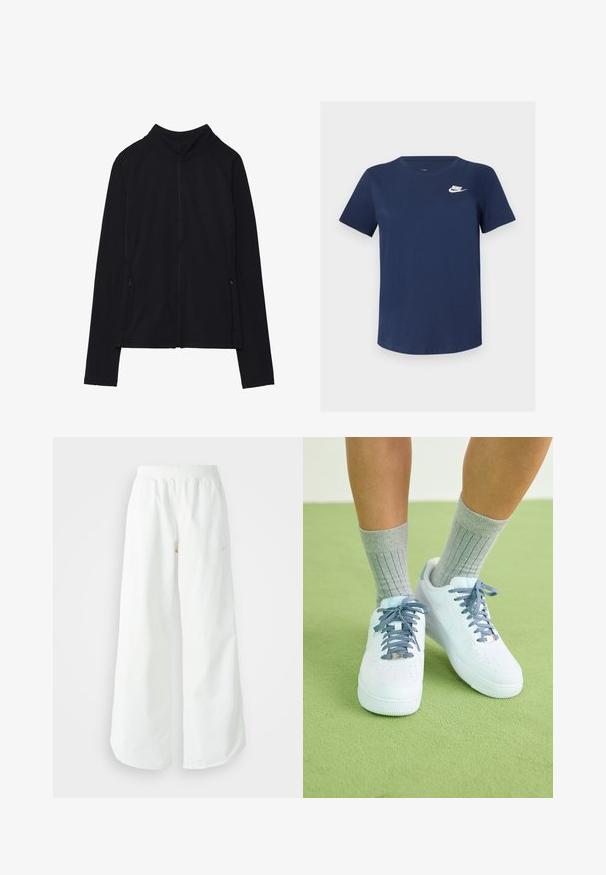 Mustmust kollane jope, millel on kõrge kaelus, valmistatud pehmest kangast. Omab raglanvarukke ja kahte lukuga küljetaskut. Sile tekstuur.; Tumed sinine puuvillane t-särk ümmarguse kaelusega, lühikeste varrukatega ning vasakus rinnas valge Nike logo. Sile tekstuur ja lihtne disain.; Valged laiad spordipüksid, ribadega vöökoht ja diskreetne logosümbol. Sile kangas, lõdvestatud istuvus ja kitsenev ääreosa.; Valged nahast tennisetooted siniste aktsentide ja augustatud varba disainiga, tekstuuriga sinivalged paelad, kantud hallide ribakudumitega sokkidega.