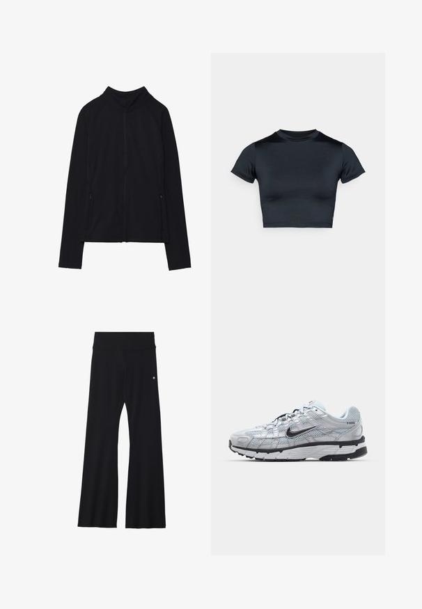Czarna kurtka zapinana na zamek z wysokim kołnierzem, wykonana z miękkiego materiału. Posiada rękawy raglanowe oraz dwie kieszenie boczne zapinane na zamek. Gładka tekstura.; Czarna krótka koszulka z krótkim rękawem, wykonana z gładkiej tkaniny. Posiada okrągły dekolt i minimalne przeszycia przy dolnym brzegu.; Czarne, rozszerzane spodnie do jogi z elastycznego materiału, z szerokim pasem i małym logo w pobliżu biodra. Gładka tekstura, bez wzorów.; Nike P-6000 sneakers z jasnoszarym siateczkowym wierzchem, czarnymi akcentami i trwałą czarną gumową podeszwą. Charakteryzują się skomplikowanym wzornictwem i systemem sznurowania.
