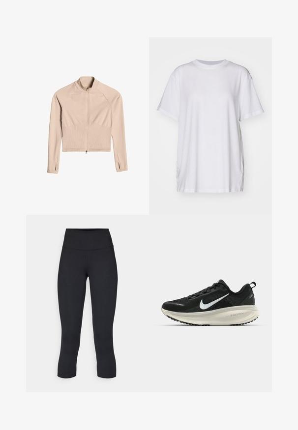 Bežová zipová bunda s dlhými rukávmi, rebrovanou textúrou a skráteným strihom. Obsahuje raglánové rukávy a bočné rozparky na manžetách.; Biele oversized tričko vyrobené z bavlny, s okrúhlym výstrihom, krátkymi rukávmi a bočnými rozparkami pre voľný strih. Hladká textúra.; Čierne skrátené legíny vyrobené z elastického materiálu, s vysokým pásom a hladkou textúrou, bez viditeľných vzorov alebo kovania.; Čierne bežecké topánky Nike s priedušnou sieťovinou, bielym logom s symbolom swoosh, textúrovanými detailmi a krémovou ZoomX medzipodrážkou.