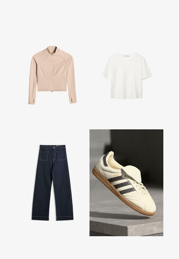 Bež jakna na zip s dugim rukavima, rebrastom teksturom i skraćenim dizajnom. Sadrži raglan rukave i bočne proreze na manžetama.; Bijela majica kratkih rukava od pamuka. Ima okrugli izrez i opušteni kroj. Glatka tekstura bez vidljivih uzoraka ili naglasaka.; Tamno plave široke traperice od denima s kontrastnim svijetlosmešavim šavovima, dva stražnja džepa i zatvaranjem na gumba u struku.; Kremaste kožne tenisice s tri tamne pruge, smešnim gumiranim potplatom i zaobljenim vrhom. Imaju preklopni jezik označen s "SAMBA."