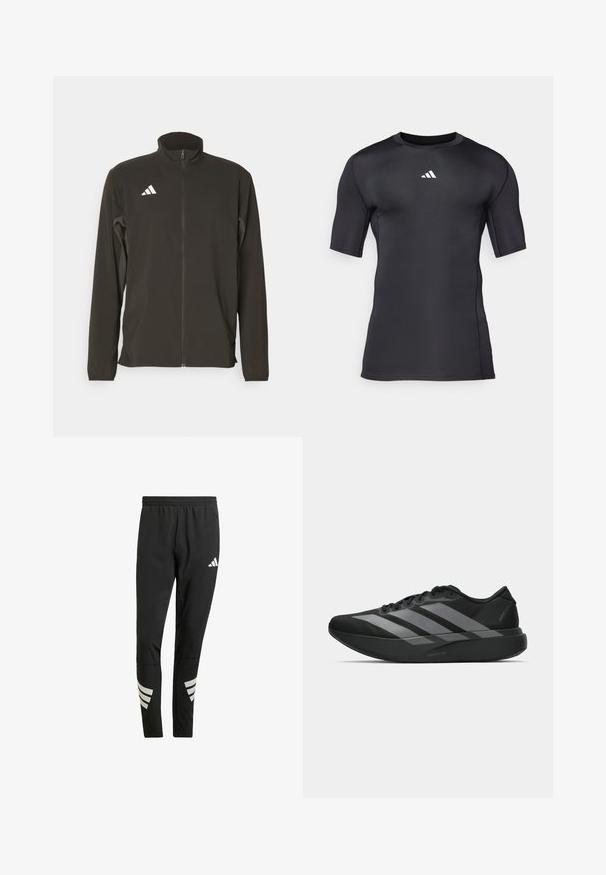 Must läätspakist must zip-up jakk on valmistatud kerge kangast. Omab kõrget kraed ja kolme valget diagonaaltriipu vasakul rinnaosas.; Must musta lühikeste varrukatega T-särk, mis on valmistatud siledast, venivast kangast. Rindkeres on valge logo ja mugavuse tagavad lameõmblused.; Mustad mustreeritud mustad sportpantsid elastse vöökohtaga, mille alumistel jalgadel on peegeldavad valged aksendid triibumustrites. Valmistatud siledast kangast.; Must have mustangid! Need light and trendy athletic shoes? These black sneakers have a streamlined design featuring three large hallal gray stripes. Their smooth texture and ergonomically contoured sole provide ultimate comfort.