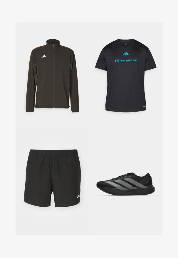 Black zip-up jacket made of lightweight fabric. Features a high collar and three white diagonal stripes on the left chest.; Black athletic t-shirt made of lightweight fabric, featuring "FOLLOW THE LINE" in bright blue and a small logo near the hem.; Black athletic shorts with an elastic waistband, side slits, and reflective logo accents. Made of lightweight, smooth fabric.; Black athletic shoes with a lightweight design, featuring three prominent gray stripes, a smooth texture, and a contoured sole.