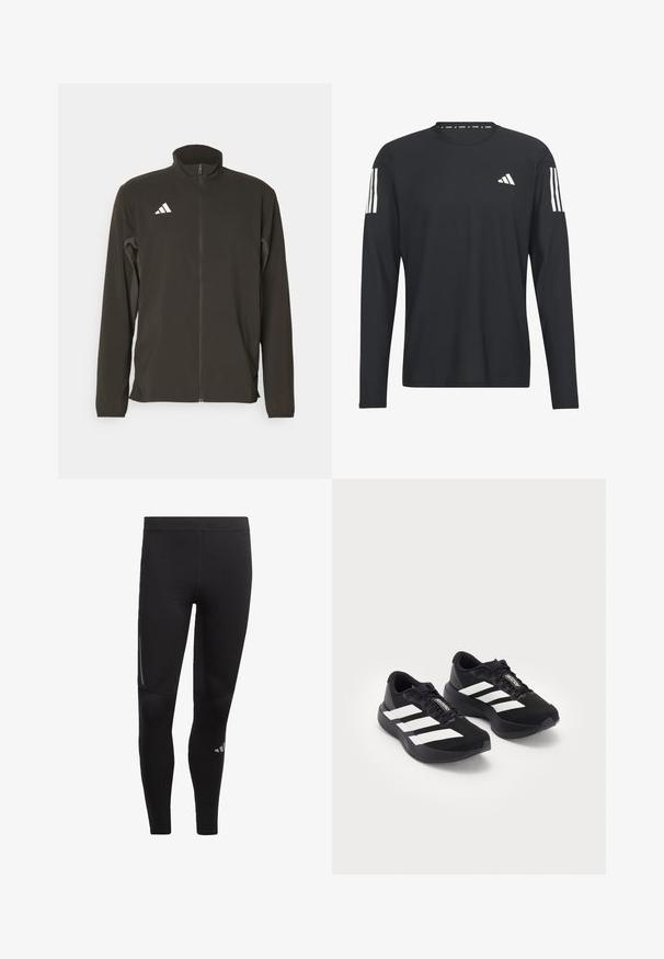 Black zip-up jacket made of lightweight fabric. Features a high collar and three white diagonal stripes on the left chest.; Black long-sleeve shirt made of lightweight fabric featuring a round neck, textured surface, and white three-stripe logo on the sleeves.; Black athletic leggings made of stretchy material, featuring a high waistband, reflective accents, and a logo near the ankle. Smooth texture.; Pair of black Adidas Adizero running shoes with white stripes and laces on white background, positioned side by side.