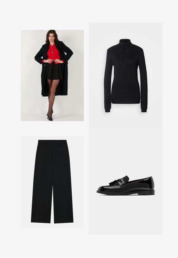 Abrigo largo negro sobre un suéter rojo de botones, combinado con una falda negra y medias negras transparentes. Unos zapatos de tacón alto negros completan el atuendo.; Suéter de cuello alto negro hecho de una suave tela de punto, con mangas largas y un corte ajustado, con un cuello y dobladillo de canalé.; Pantalones negros de pierna ancha hechos de una tela suave. Presentan una cintura plana con pasadores de cinturón y sin bolsillos visibles. Diseño sencillo.; Mocasines de charol negro con tacón plano, con un acento de borlas y superficie lisa, diseñados con una puntera redondeada y costuras sutiles.