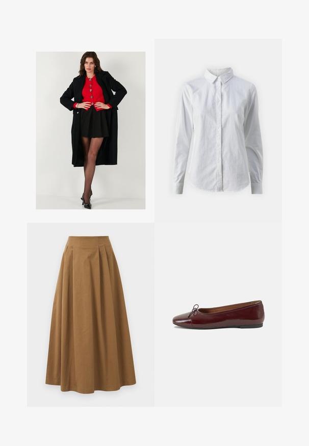Schwarzer langer Mantel über einem roten Knopf-Oberschmeider, kombiniert mit einem schwarzen Rock und transparenter schwarzer Strumpfhose. Schwarze High Heels vervollständigen das Outfit.; Weißes Hemd mit Knöpfen, aus glattem Baumwollstoff, mit klassischem Kragen, langen Ärmeln und abgerundetem Saum. Die Knöpfe sind klein und weiß.; Brauner Baumwoll-A-Linien-Rock mit hoher Taille, der vorne Falten aufweist und eine glatte Textur hat. Der Saum ist sauber und einfach verarbeitet.; Burgunderfarbenes, lackiertes Ballettschuh mit abgerundetem Zehenbereich, kleiner Schleifenakzent vorne und einer niedrigen, schwarzen Gummisohle. Glatte Textur.